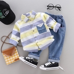 Ficha técnica e caractérísticas do produto -Breasted único bebê vestuário Boy Set shirt com lapela Tiras Decoração + elásticas Jeans Roupas infantis