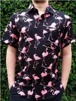 Ficha técnica e caractérísticas do produto Camisa Estampada Flamingo Social Preta Camiseta Curta Pronta (Terracota, Preto, M)