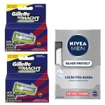 Carga Gillette Mach 3 sensitive com duas caixas e uma loção pós-barba Nivea Men.