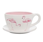 Conjunto Cachepot Xícara e Pires de Cerâmica Flamingo Primavera 23X11cm Concepts Life