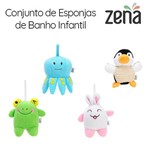 Ficha técnica e caractérísticas do produto Conjunto com 4 Esponjas de Banho Infantil | Coelho, Sapo, Polvo e Pinguim | Zena