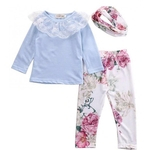 Ficha técnica e caractérísticas do produto Crianças Pants menina Lace Top manga comprida + florais + cabelo Strap Three-Piece Set Outfit