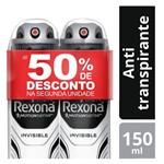 Ficha técnica e caractérísticas do produto Desodorante Antitranspirante Rexona Men Invisible Aerosol 2 Unidades 150ml Cada com 50% de Desconto na 2ª Unidade