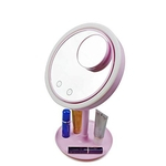 Espelho de Mesa Para Maquiagem Com Iluminação Led Ventilador Brisa Fresca + Mini Esp. Aumento 5x Touch Rosa - YDTECH