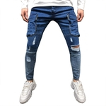 Ficha técnica e caractérísticas do produto Homens Jeans Denim Pencil Pants Shredded Zipper Pockets Moda Casual Calças
