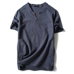 Ficha técnica e caractérísticas do produto Homens Verão de algodão macio de linho 2 Botões respirável T-shirt Men's wear