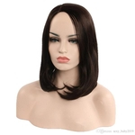 Hot selling women medium hair wigs kinky straight 16 inch dark brown 100% synthetic hair with weaving cap free shipping