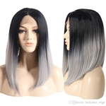 Ficha técnica e caractérísticas do produto Hot Selling Short Bob Silky Straight Synthetic Lace Front Wig 14'' Grey Dark Roots Ombre Color Glueless 150% Density Wigs For Black Women