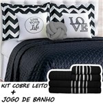 Kit Combo Cobre Leito C/ Jogo de Banho Isabela Preto/Cinza Casal 13 Peças - Dourados Enxovais