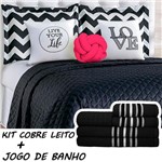 Kit Combo Cobre Leito C/ Jogo de Banho Isabela Preto/Pink Casal 13 Peças - Dourados Enxovais