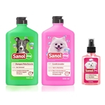 Ficha técnica e caractérísticas do produto Kit completo banho cães: Shampoo para Cães Pelos Escuros + Condicionador Revitalizante + Perfume colônia Femea - Sanol Dog