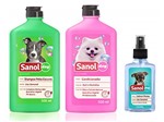 Ficha técnica e caractérísticas do produto Kit completo banho cães: Shampoo para Cães Pelos Escuros + Condicionador Revitalizante + Perfume colônia fragrância Baby- Sanol Dog
