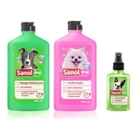 Ficha técnica e caractérísticas do produto Kit completo banho cães: Shampoo para Cães Pelos Escuros + Condicionador Revitalizante + Perfume colônia Machos - Sanol Dog