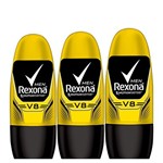 Kit Desodorante Antitranspirante Rexona V8 Masculino Rollon 50ml com 3 Unidades