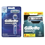 Kit Gillette: aparelho recarregável Mach3 champions league e cartucho leve 4 pague 3.