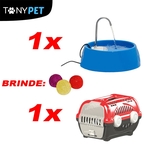 Ficha técnica e caractérísticas do produto Kit Para Cães e Gatos Caixa de Transporte Vermelha + Fonte D'Agua Bivolt Azul