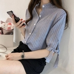 Ficha técnica e caractérísticas do produto Hao Lady Fique Collar Chiffon Blusa Bowknot Metade Luva Stripe Sólido Cor Da Camisa Solta Verão Blouse