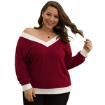 Ficha técnica e caractérísticas do produto Autumn Winter Lady Loose Pullover V Neck Over Size Combined Color Long Sleeve Tops