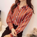 Ficha técnica e caractérísticas do produto HAO Loose Women Casual Stripes camisa de manga comprida Blouse