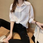Ficha técnica e caractérísticas do produto Loose Women Fina Stripes Impressão manga três quartos shirt camisa