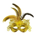 Ficha técnica e caractérísticas do produto Máscara Ouro Penas Acessório Carnaval Fantasia - Dourado