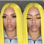 Ficha técnica e caractérísticas do produto Fashion 150% Density 14inch Women Short Straight Lace Front Wig Synthetic Hair Heat Safe Wig Yellow Bob Wig Middle Parting Cosplay Party