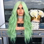 Women's fashion light green long hair curls synthetic wigs women's hairpieces hair wig middle part natural wave