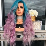 Ficha técnica e caractérísticas do produto Mulheres Long Curly Synthetic Hetero ondulado completa peruca de cabelo rosa roxo Cosplay