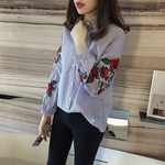 Ficha técnica e caractérísticas do produto Mulheres Moda elegante Rose Bordados solto camisa de manga comprida