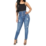 Ficha técnica e caractérísticas do produto Mulheres sexy cintura alta afligido Jeans moda rasgado Slim Fit Calças Lápis