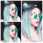 Ficha técnica e caractérísticas do produto Ombre Azul Claro-Verde para mulheres ou meninas Cosplay festa diária cheap Heat Resistant Synthene Wigs fronts Straight Real Fiber Wig 14inch