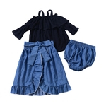 Ficha técnica e caractérísticas do produto 3Pcs / Set menina Off-ombro de mangas compridas Shorts Top + Lace Denim Skirt + PP