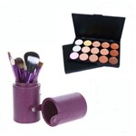 Pincel Maquiagem Profissional Kit C/ 12 Roxo + Paleta Base e Corretivo