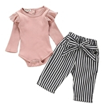Ficha técnica e caractérísticas do produto MSHOP Baby Girl Pink Fly Sleeve Romper Black Stripe Belted Pants Two Piece Suit