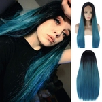 Ficha técnica e caractérísticas do produto Synthetic escuro Frontal Azul Lace peruca de cabelo Long Black Women Lace Wigs