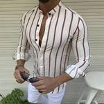 Ficha técnica e caractérísticas do produto Tendência 2019 Homens Moda Listrado Magro camisa casual tops de manga longa de Fitness Blusa