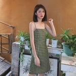 Ficha técnica e caractérísticas do produto Verão Mulheres Sling Vestido verde retro da manta elegante mistura de poliéster de algodão