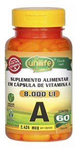 Ficha técnica e caractérísticas do produto Vitamina a Retinol 8000ui 60 Cápsulas 500mg Unilife