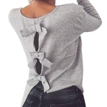 Ficha técnica e caractérísticas do produto Womens Backless Bow Tops Sweater Jumper Senhoras Listrado Costura Blusa longa da luva